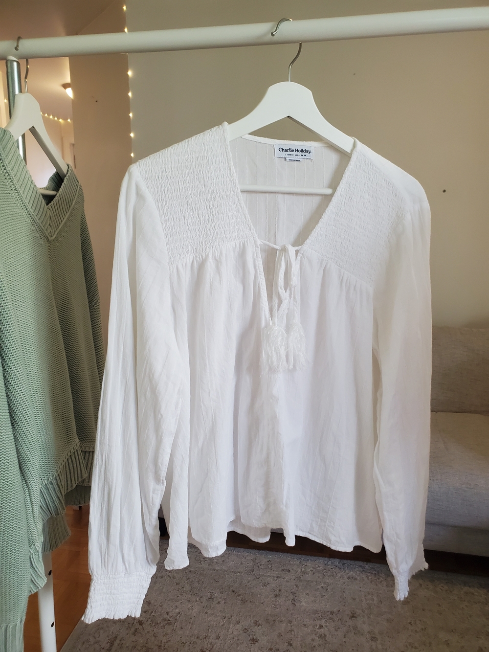 Charlie Holiday White Smocked Yoke Peasant Blouse